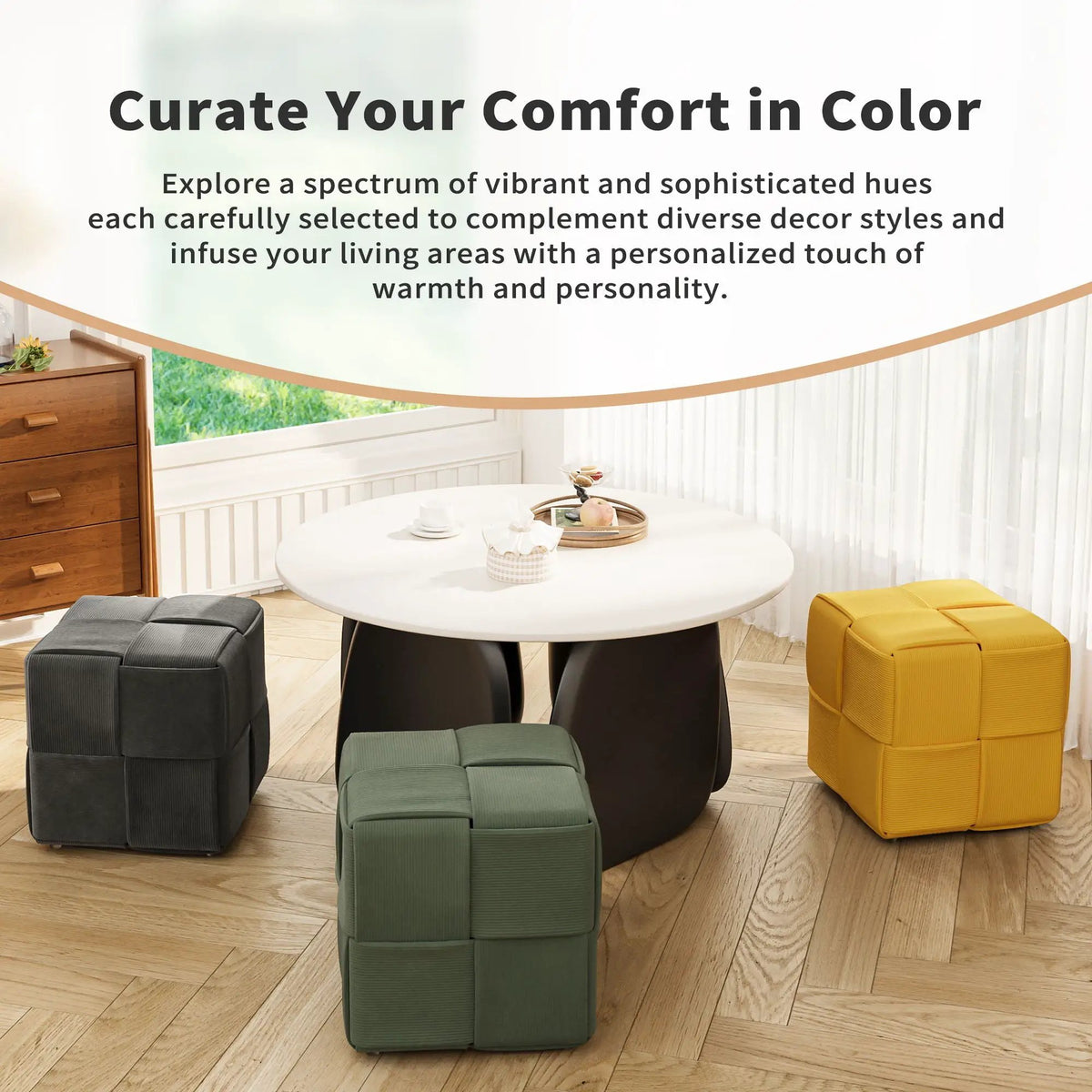 Modern Ottoman Foot Rest | Woven Design | Engineered Wood Frame | 14.2 Inch Cube