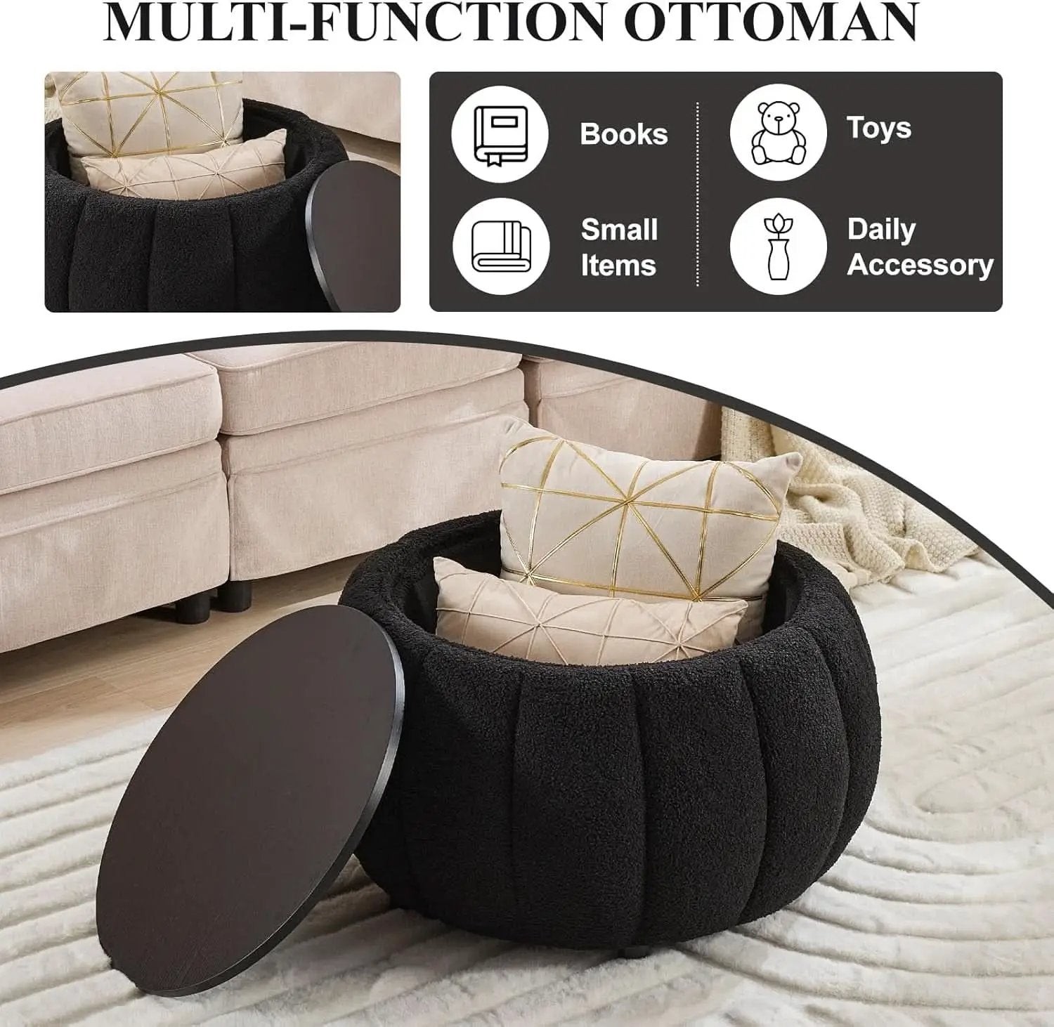 30 Inch Round Profile Teddy Fabric Hidden Storage Ottoman from PriceLows™