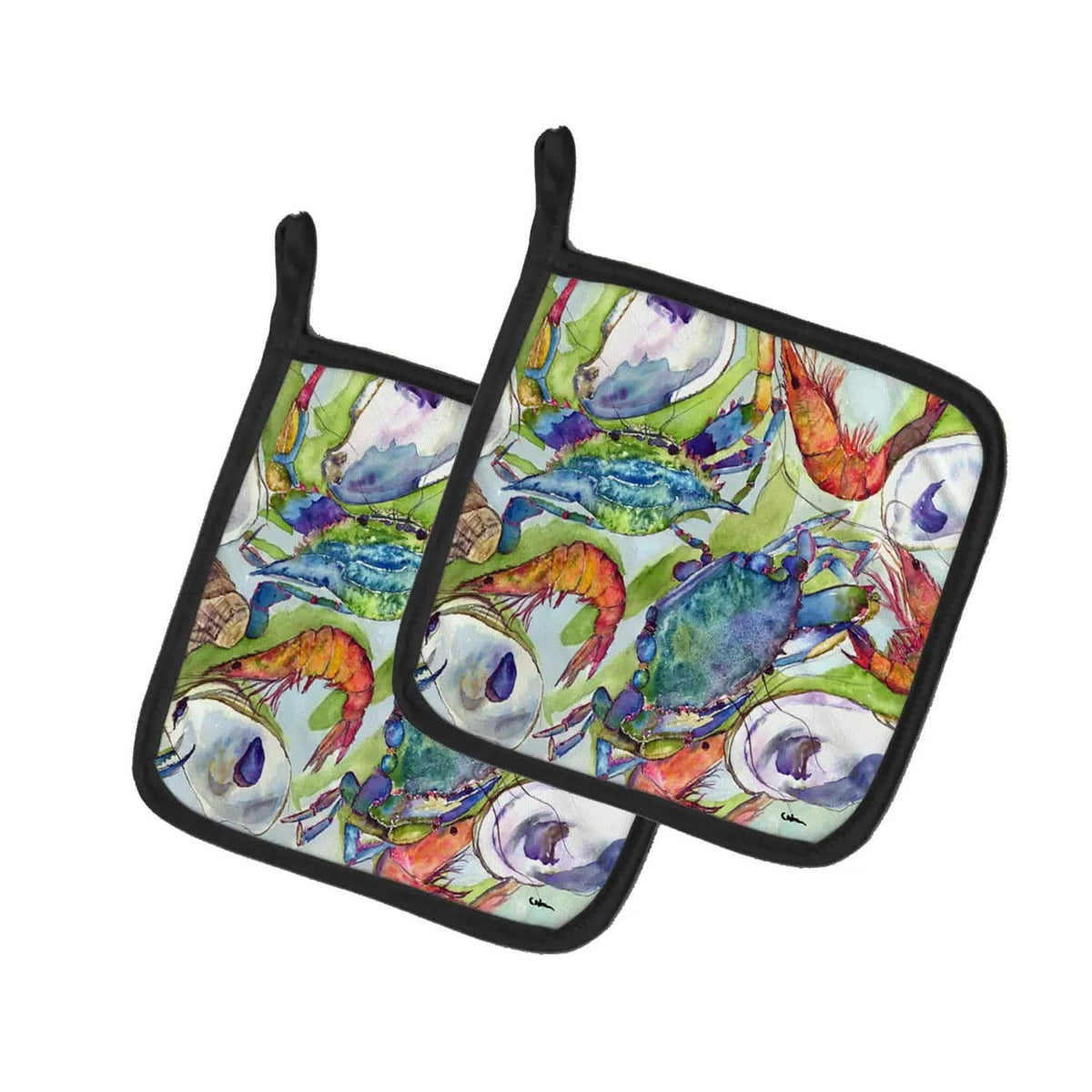 Pot Holder Set of 2 | Heat Resistant Quilted Hot Pads | 7.5 x 7.5 Inch | Crab Shrimp Oysters
