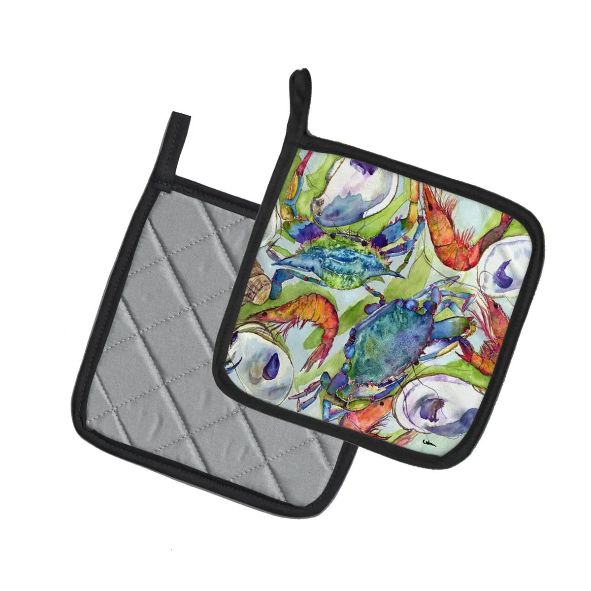 Pot Holder Set of 2 | Heat Resistant Quilted Hot Pads | 7.5 x 7.5 Inch | Crab Shrimp Oysters