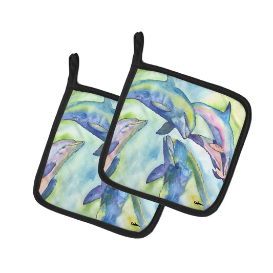 Pot Holder Set of 2 | Heat Resistant Quilted Hot Pads | 7.5 x 7.5 Inch | Dolphin (Style 2)