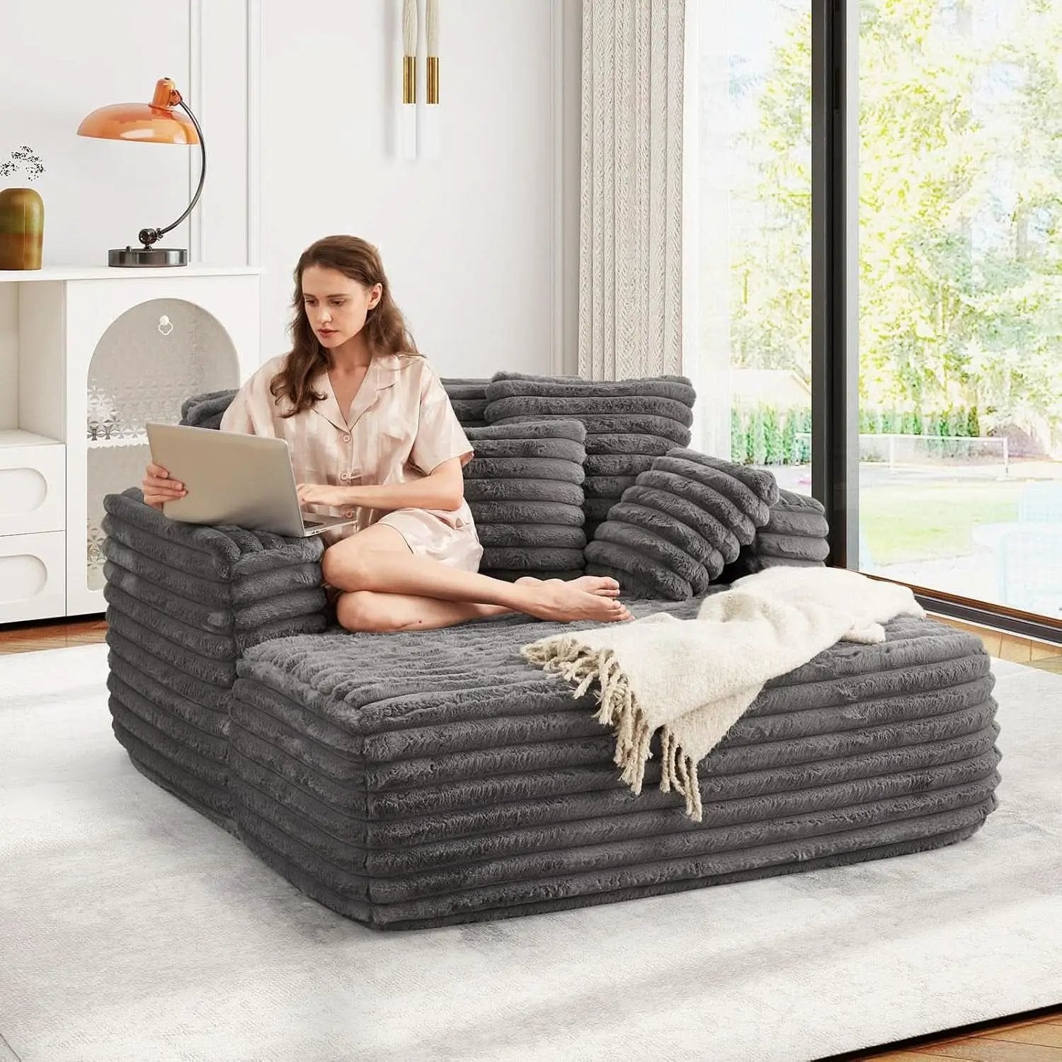 56 Inch Grey Ultra Deluxe Chaise Lounge Chair Cushioned from PriceLows™