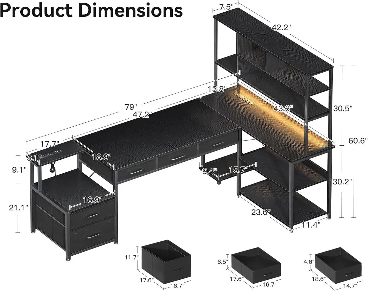 79 Inch L Shaped Desk With File Drawers Reversible Black from PriceLows™