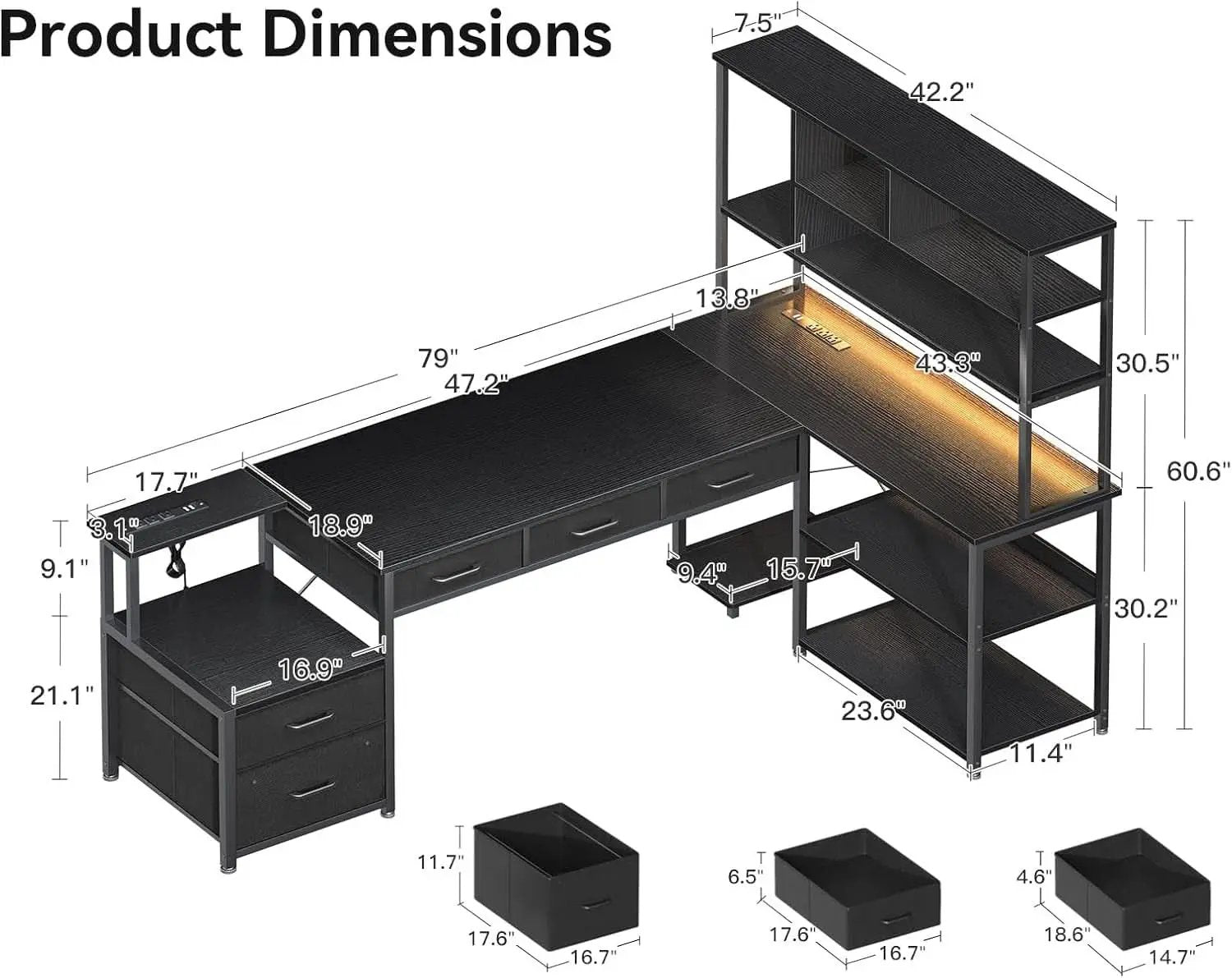 79 Inch L Shaped Desk With File Drawers Reversible Black from PriceLows™