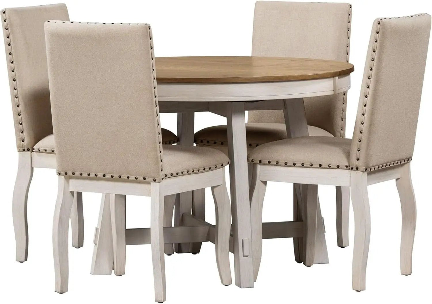 Farmhouse Round Extendable Dining Table Set Oak Finish with Upholstered Chairs from PriceLows™