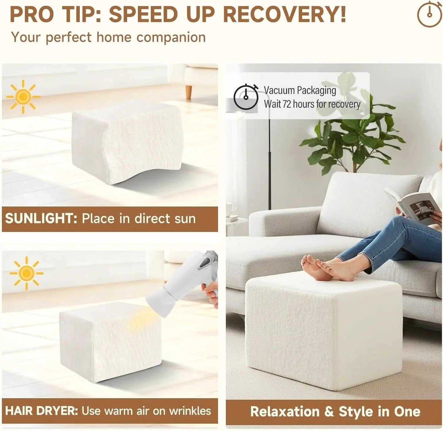 Cream Square Luxurious Upholstered Foam Pouf Ottoman from PriceLows™
