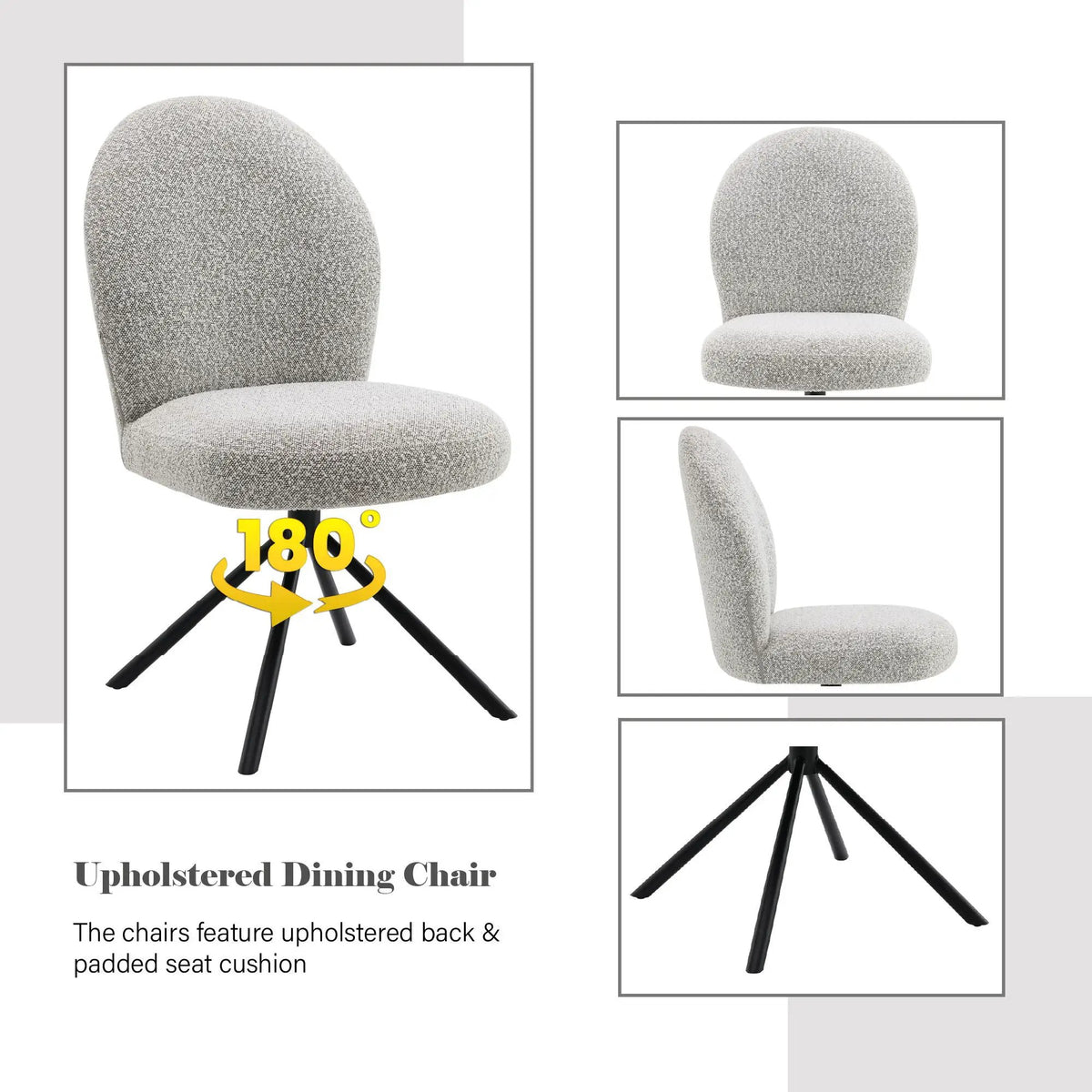 Swivel Side Chairs | Set Of 2 | Gray Boucle Upholstery | Black Metal Frame