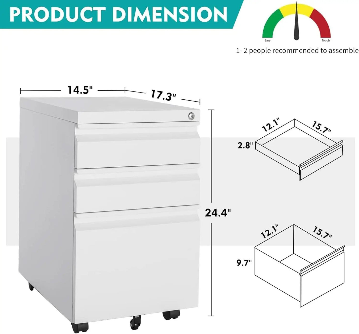 White 3 Drawer Filing Cabinet On Wheels With Lock For Home Office from PriceLows™