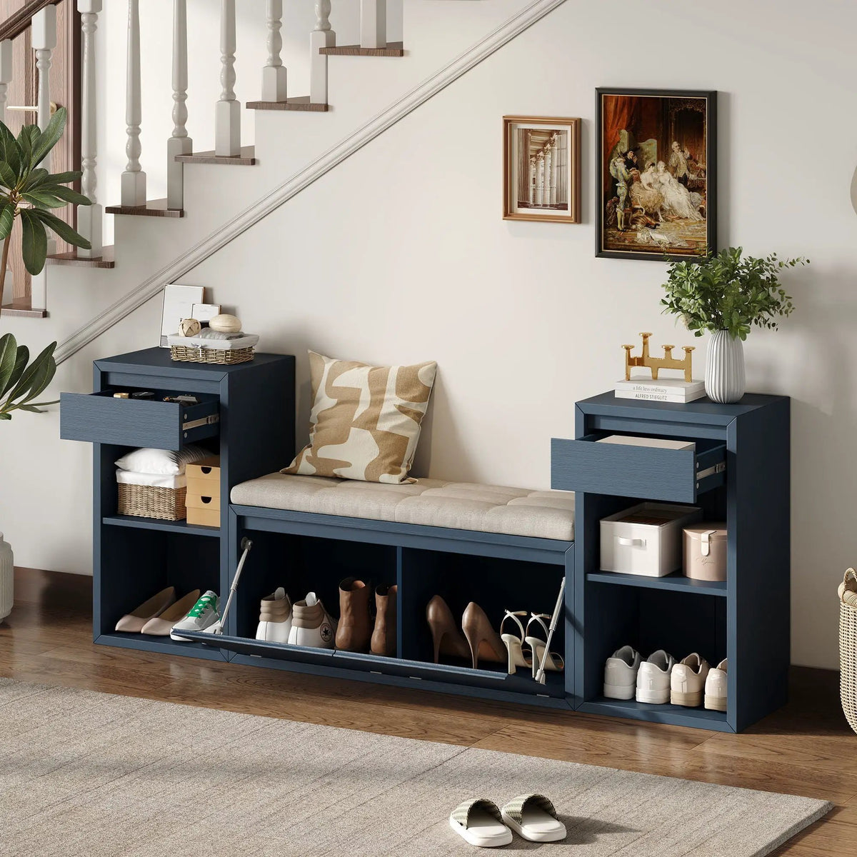Entryway Storage Bench | Flip Top Compartment | Pine Wood Frame