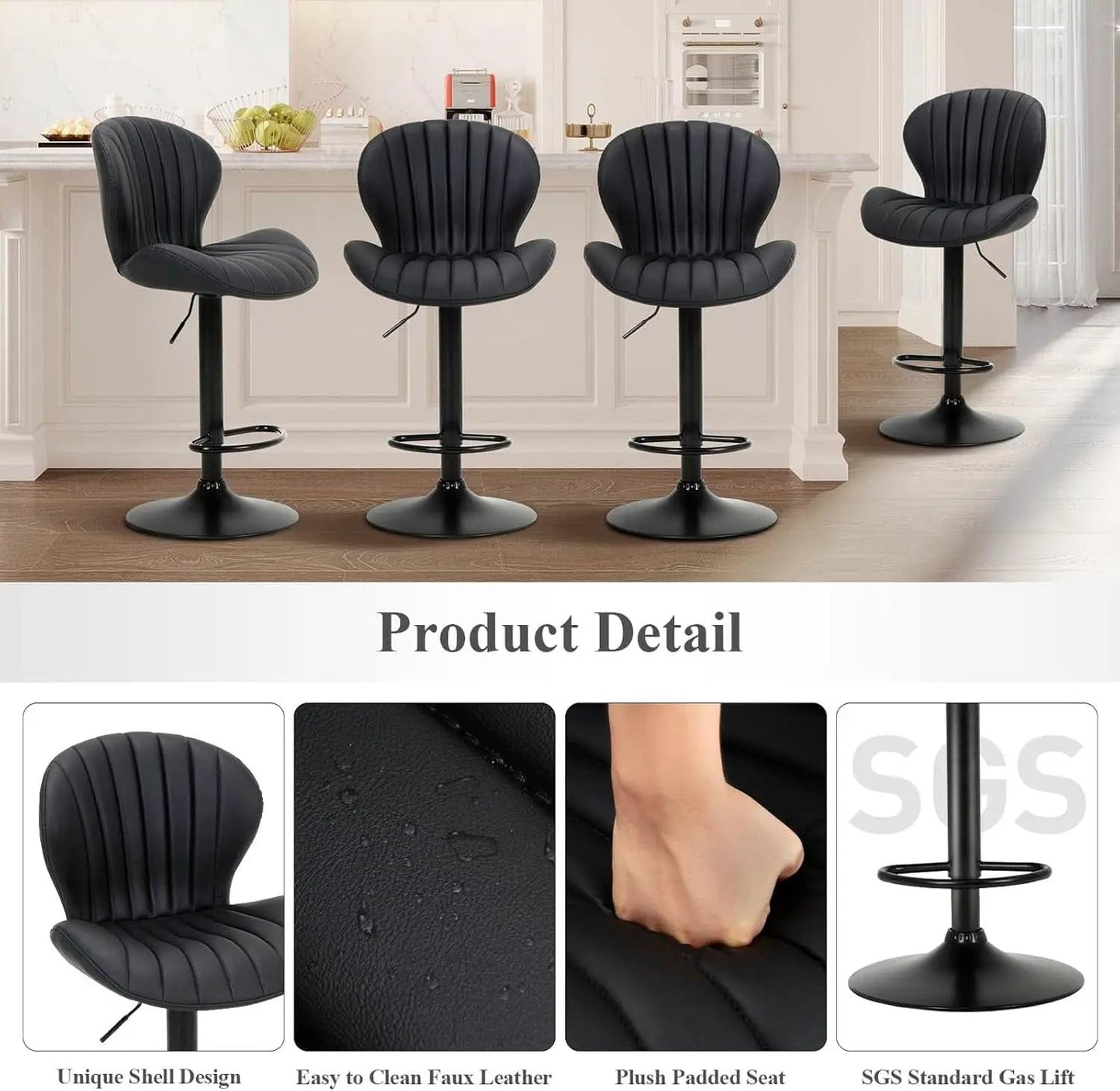 Black Adjustable Faux Leather Swivel Bar Stool Set Of Four from PriceLows™