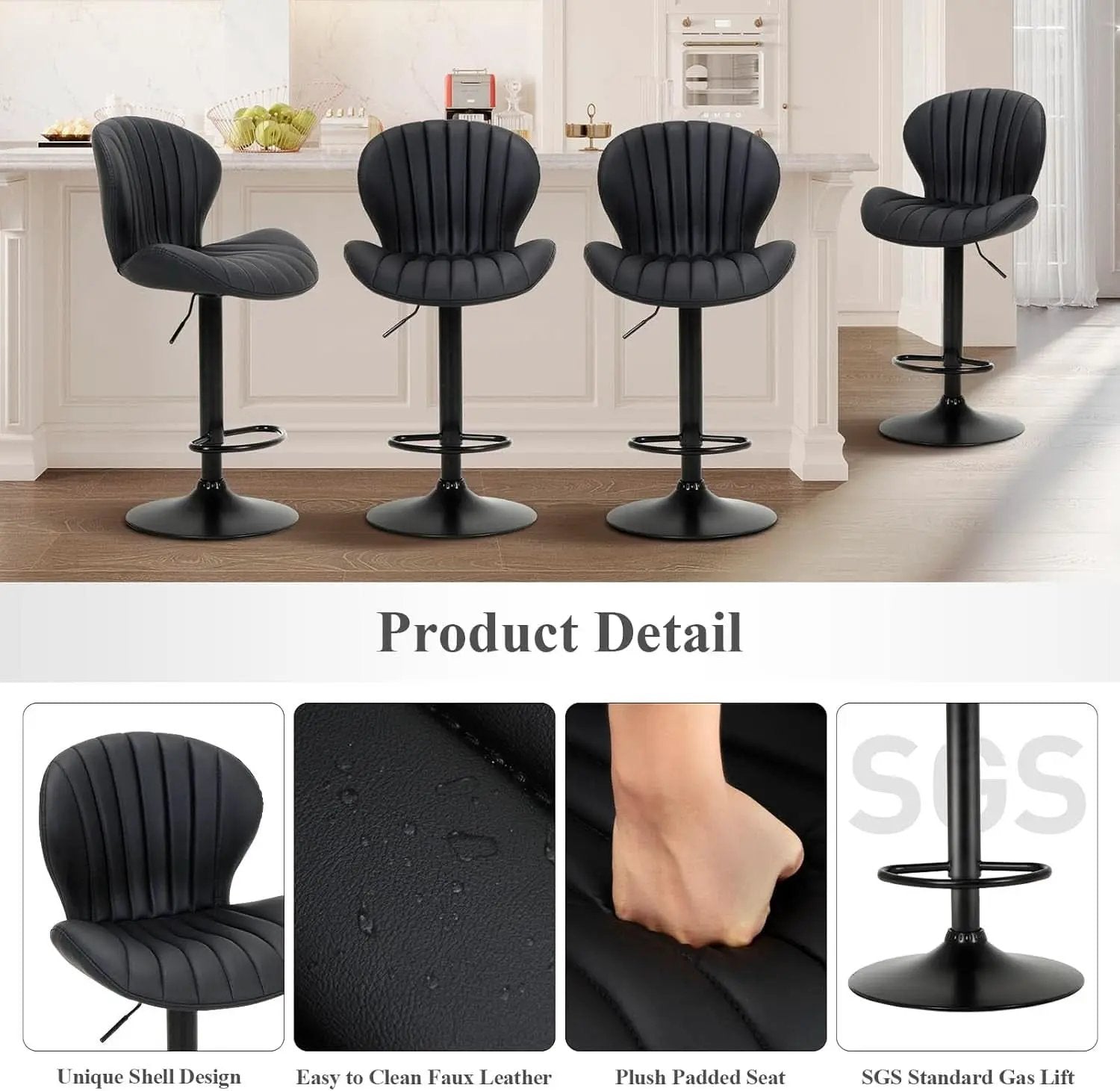 Black Adjustable Faux Leather Swivel Bar Stool Set Of Four from PriceLows™
