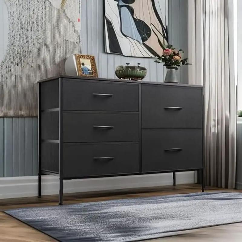 Charcoal Black Fabric Dresser With 5 Drawers For Bedroom Storage from PriceLows™