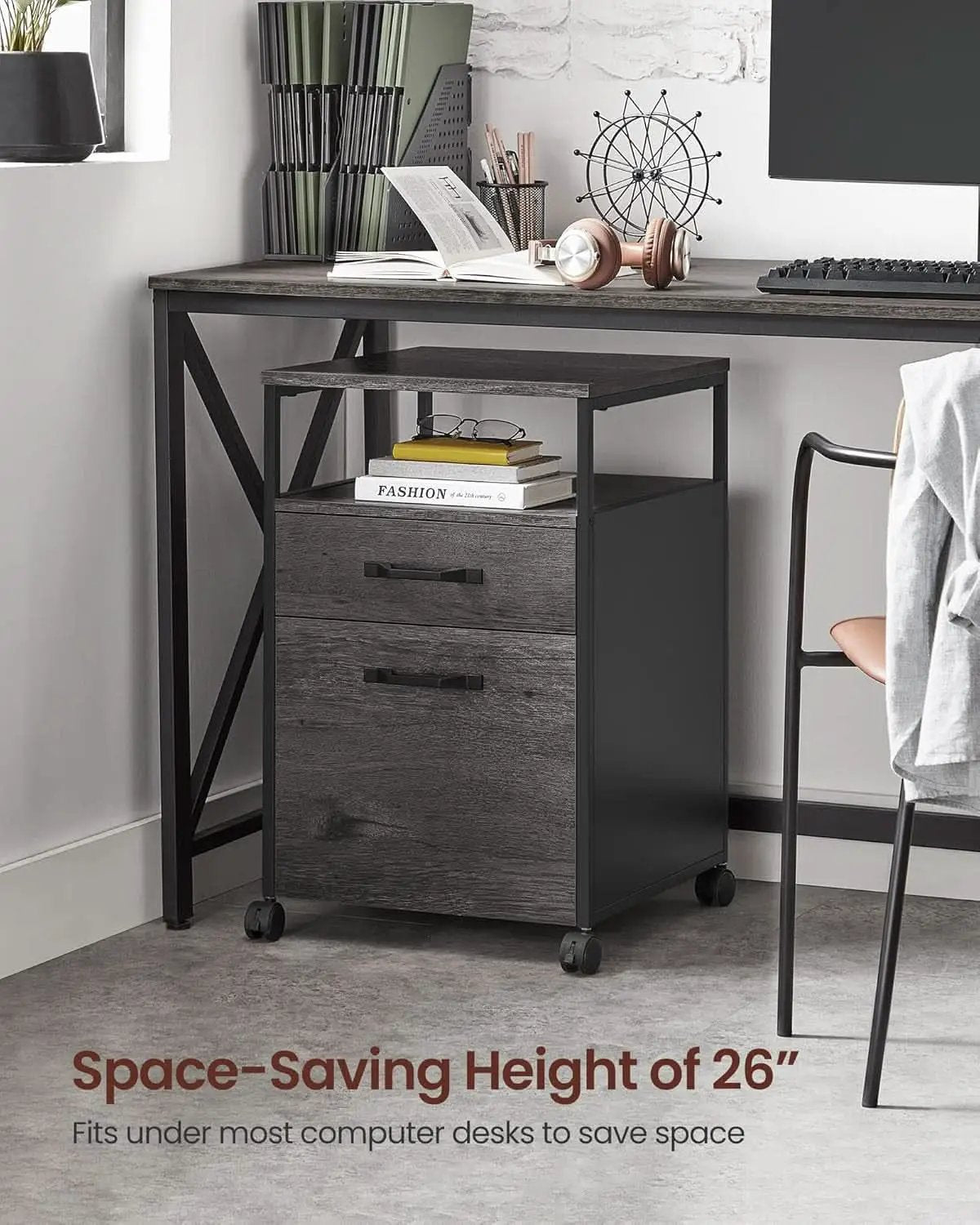 Mobile File Cabinet With Wheels 2 Drawers Open Shelf Charcoal Gray And Ink Black from PriceLows™