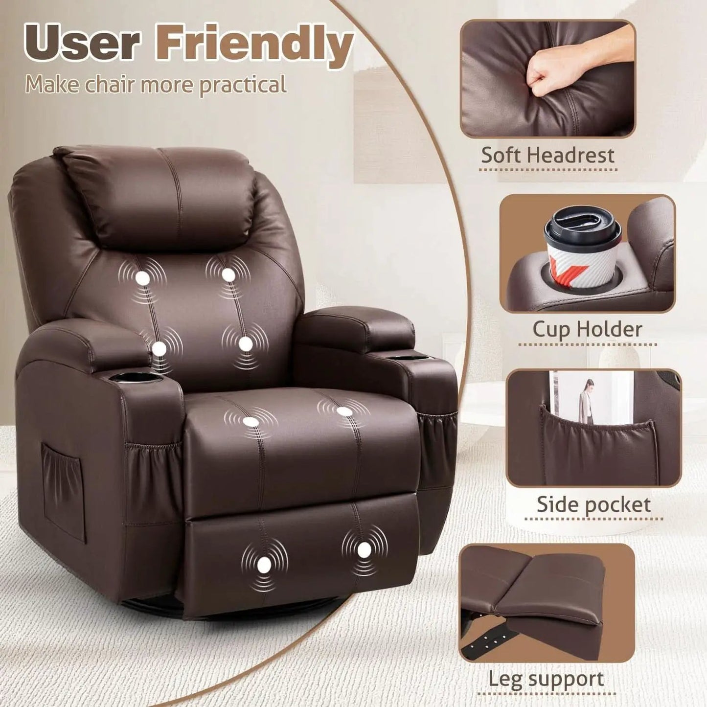 Dark Brown 360 Degree Swivel Recliner Chair With Massage from PriceLows™