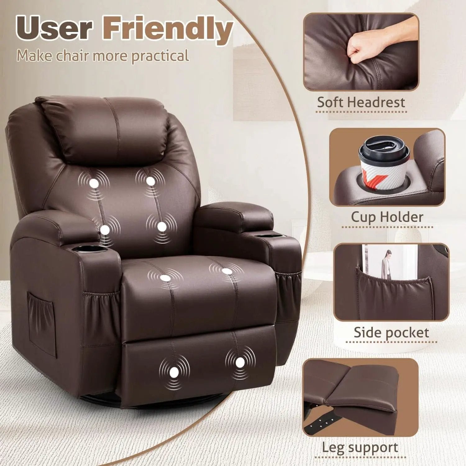 Dark Brown 360 Degree Swivel Recliner Chair With Massage from PriceLows™