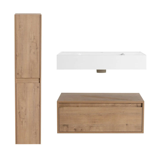 Modern Wall Mounted 30 Inch Bathroom Vanity With Resin Sink And 2 Side Cabinet | 29.5 x 18.1 x 15.8 in | Plywood & Resin | Oak