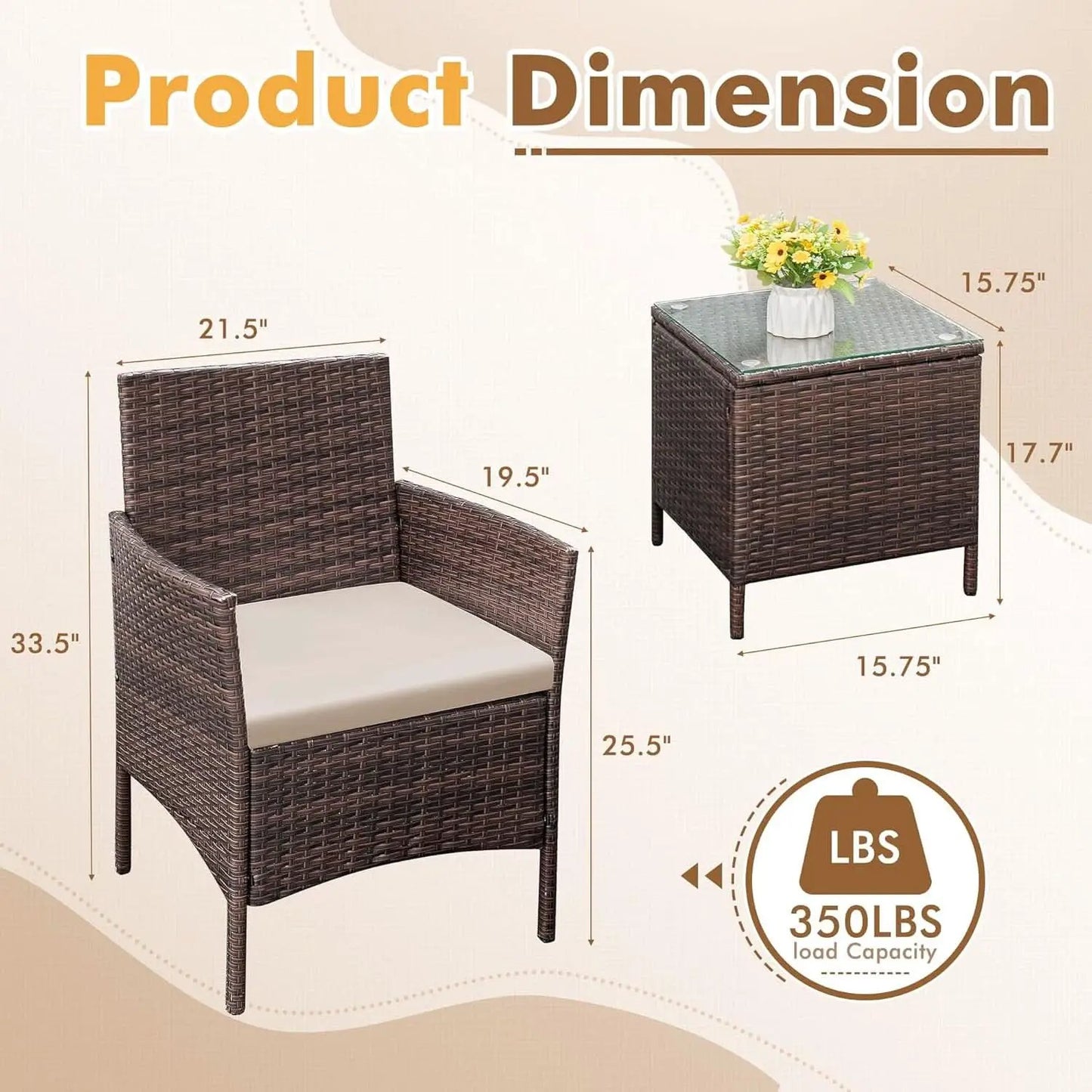 Patio Set 3 Piece All Weather Rattan Glass Table Brown from PriceLows™