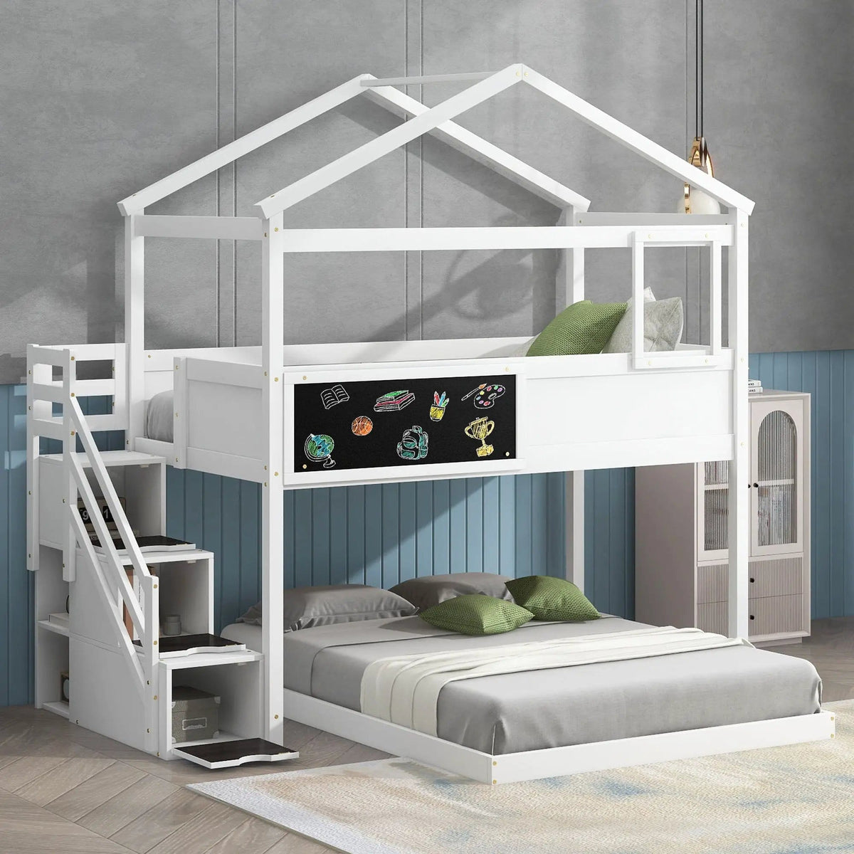 House Style Bunk Bed With Storage Staircase And board | 2 Pieces | Pine Wood | Bedroom