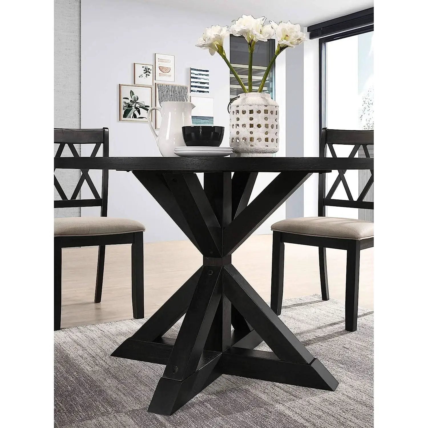 Black Oak Veneer Dining Table 48 Inch Square Cross Buck from PriceLows™