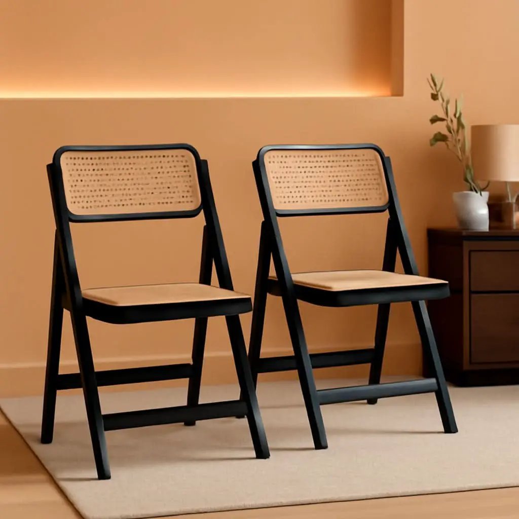 Rattan Folding Dining Chairs Set Of 2 Black Mid Century from PriceLows™