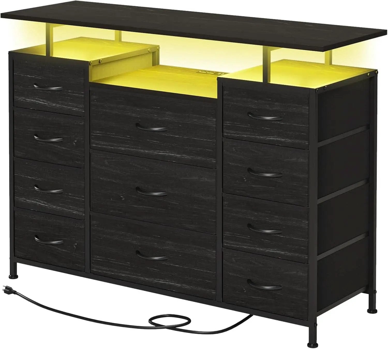 11 Drawer Dresser With Fabric Drawers, Charging Station, LED Lights And Shelves, Black Wood Veins from PriceLows™