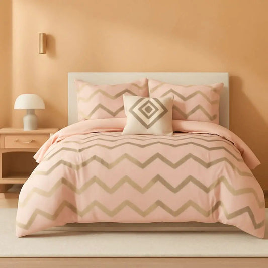 Ziggy Pink Rose Gold Geometric Comforter Set For Full Queen Bed from PriceLows™