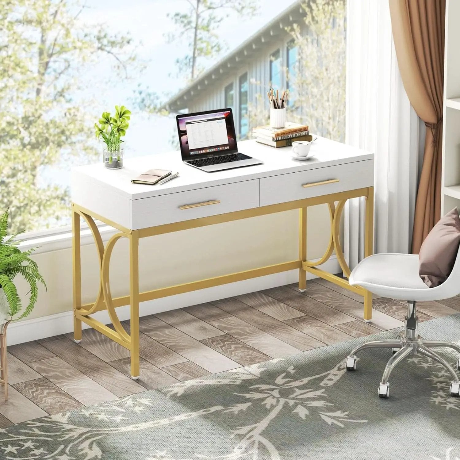 41 Inch White And Gold Computer Desk With 2 Drawers from PriceLows™