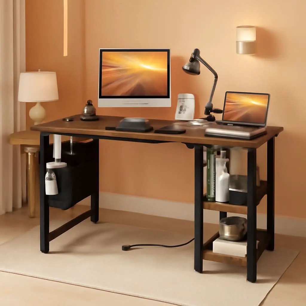 40 Inch L Shaped Desk With Power Outlet And Shelves Rustic Brown from PriceLows™