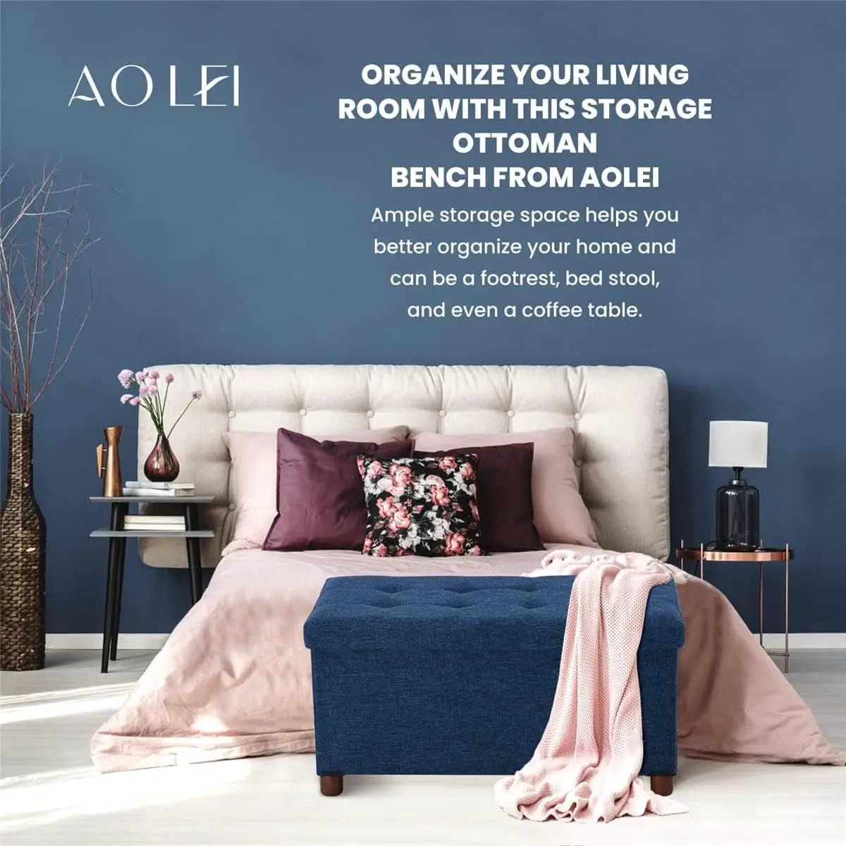 Blue Linen 30-Inch Storage Ottoman Bench Removable Lid from PriceLows™