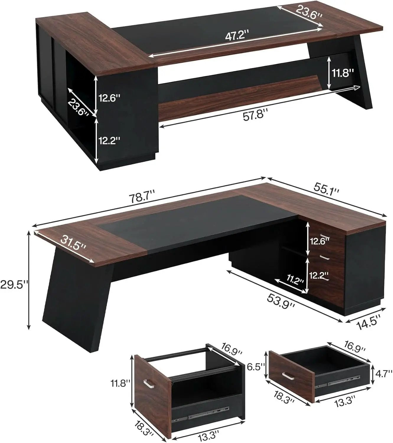 78 Inch L Shaped Executive Desk Walnut Black For Home Office from PriceLows™