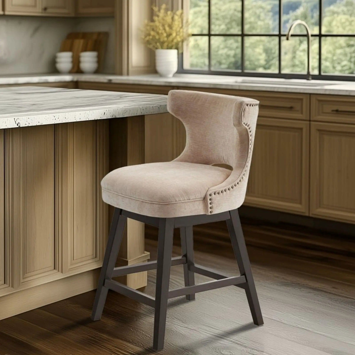 360 Degree Swivel Counter Stool With Silver Detailing Counter Height (24"-27") | 22 x 21 x 37 in | Solid Wood & Fabric | Home