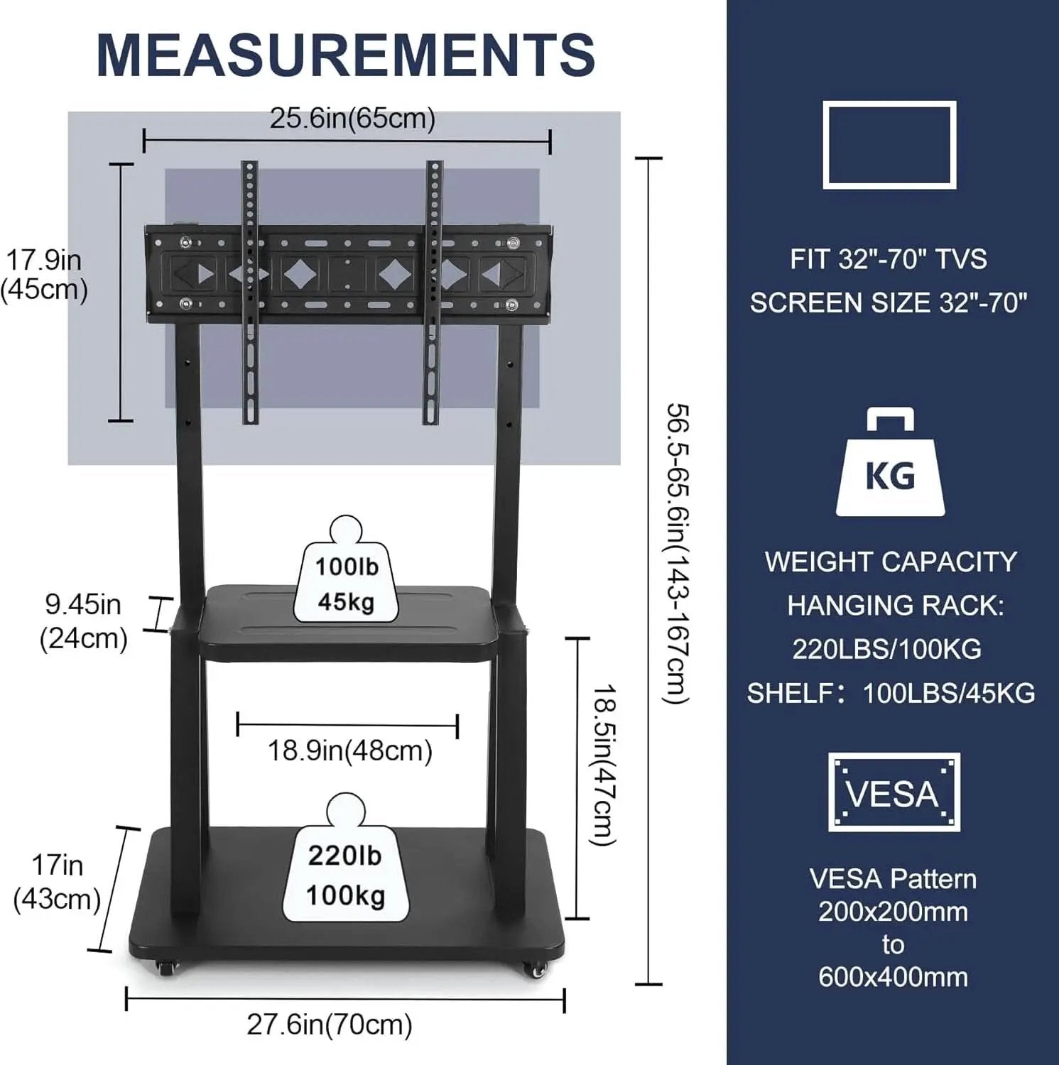 Height Adjustable Rolling TV Stand for 32-75 Inch TVs from PriceLows™