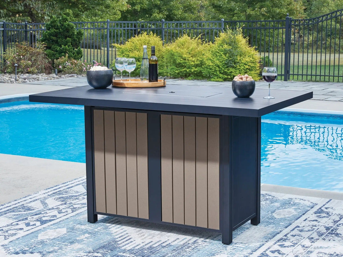East Beach Rectangular Bar Table With Fire Pit | 70 x 42 x 39 in | Glass & Stainless Steel | Blue
