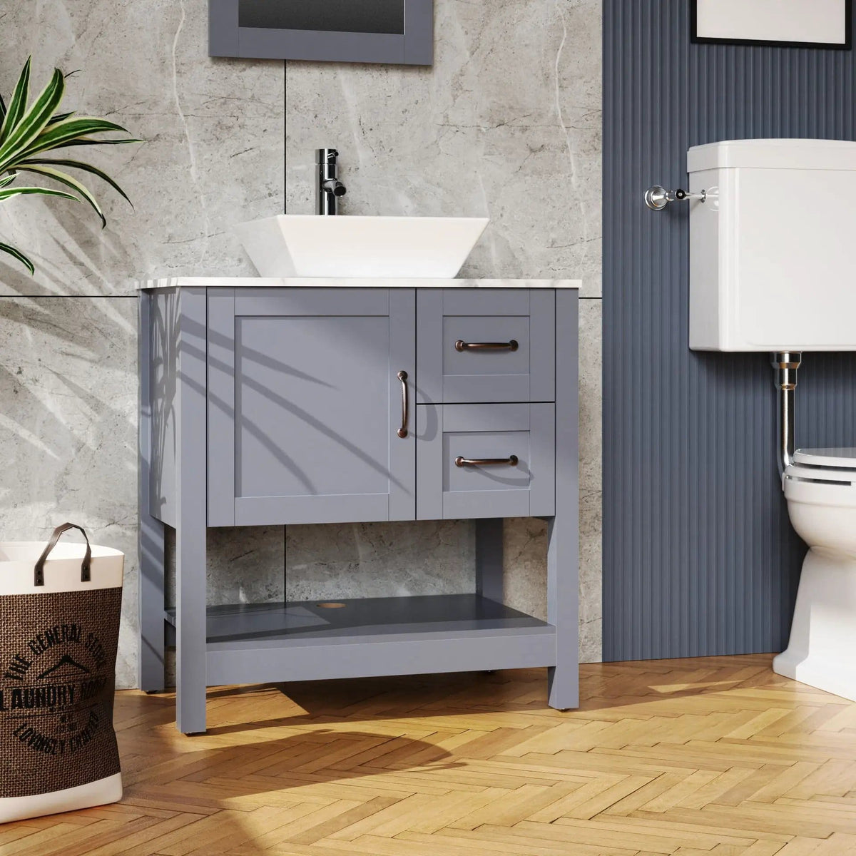 Bathroom Vanity With Mirror And Top Only - | 30 x 18.5 x 31.5 in | Marble & Stainless Steel | Gray