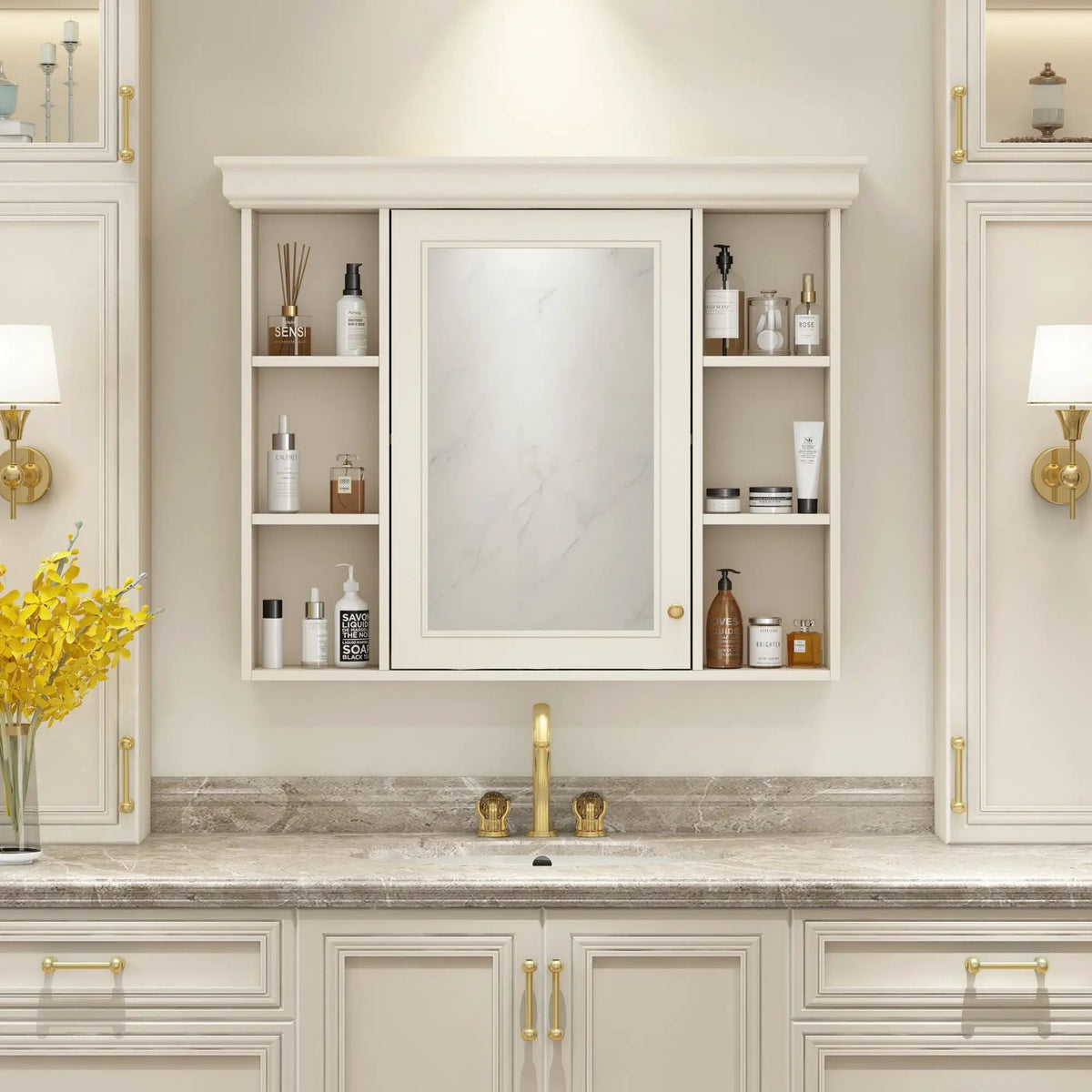 Wall Mounted Bathroom Storage Cabinet | Mirror Door | Silver Metal Handles | Open Shelves