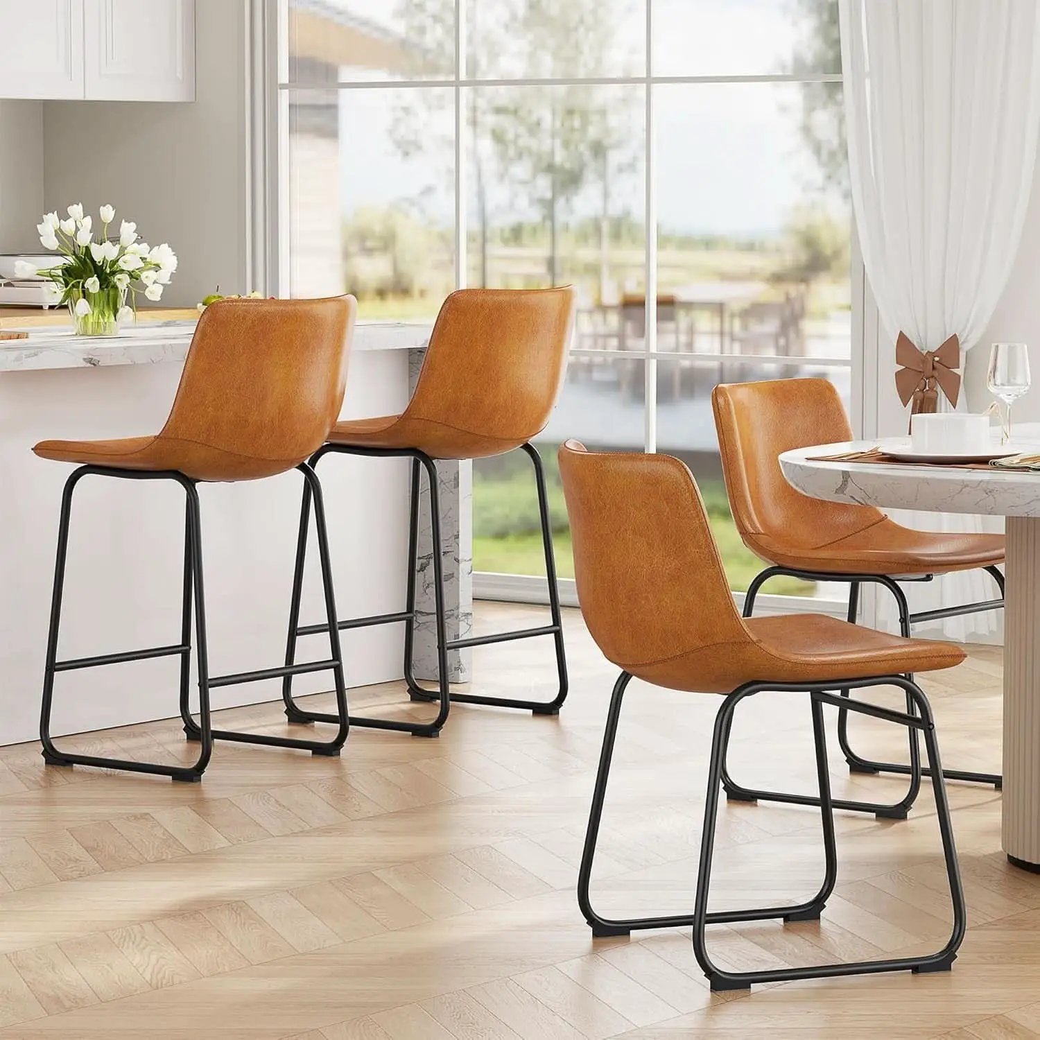 Bar Stools Set Of 4 26 Inch Brown PU Leather Counter Height from PriceLows™
