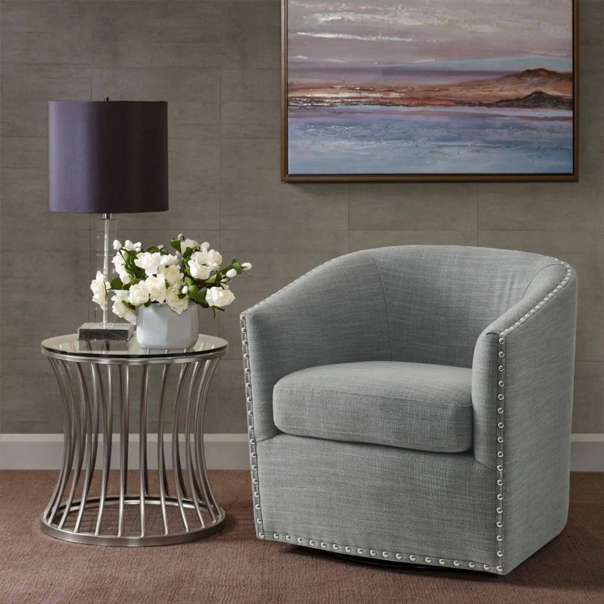 Swivel Chair With 360 Degree Rotation | Silver Nailhead Accents | Metal Base | High-Density Foam Cushion