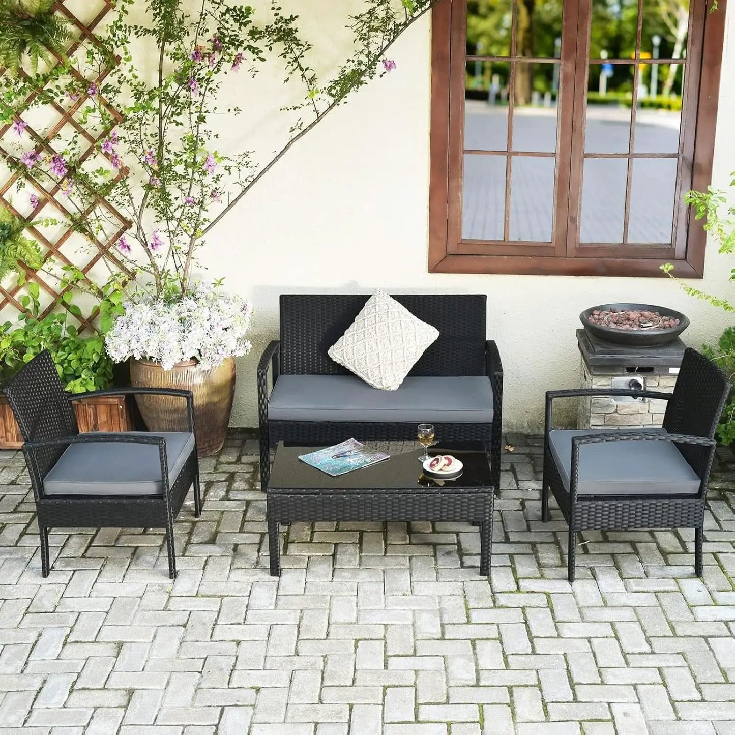 4 Piece Patio Rattan Furniture Set With Glass Coffee Table from PriceLows™