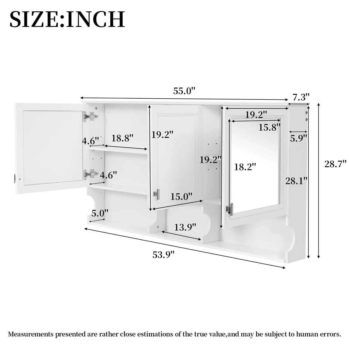 Wall-Mounted Mirror Medicine Cabinet With Adjustable Shelf And Open Shelves | 55 x 7.3 x 28.7 in | Solid Wood | White