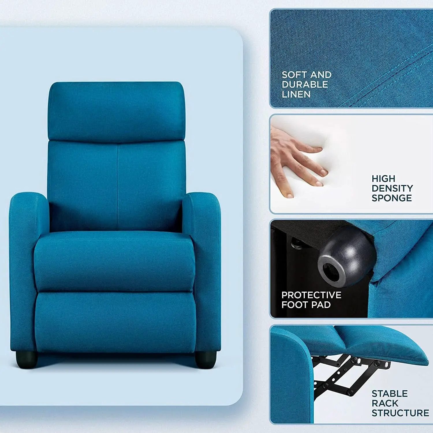 Blue Fabric Pushback Recliner Chair With Soft Armrests from PriceLows™