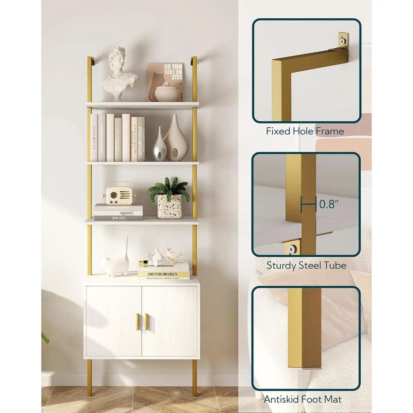 73 Inch Tall Bookshelf With Cabinet Industrial Ladder Wall Shelf White Gold from PriceLows™