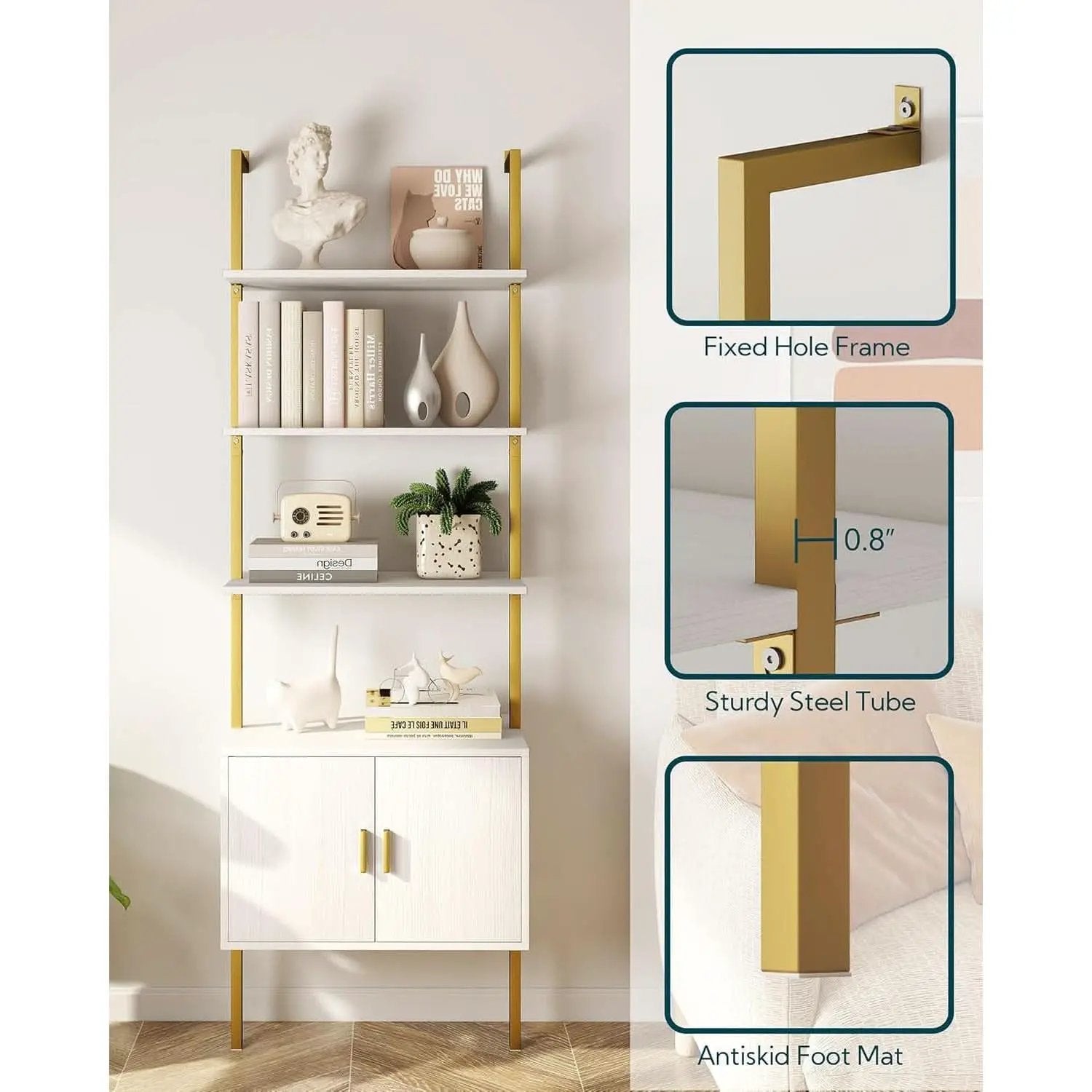 73 Inch Tall Bookshelf With Cabinet Industrial Ladder Wall Shelf White Gold from PriceLows™