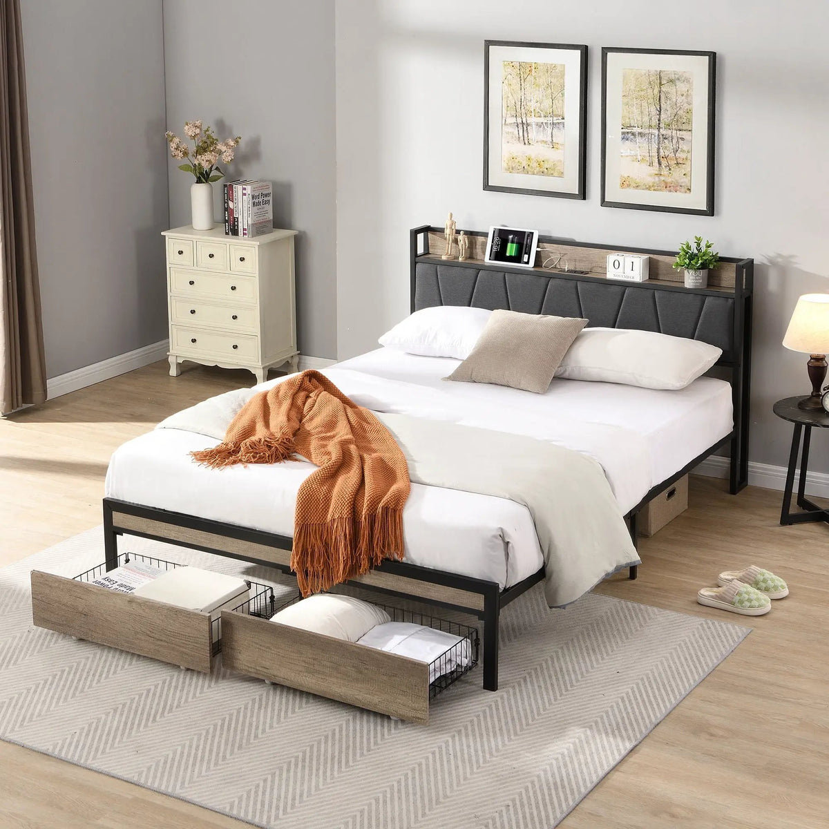 Modern Storage Bed Frame | LED Lights With Remote | Upholstered Headboard | USB Charging Station