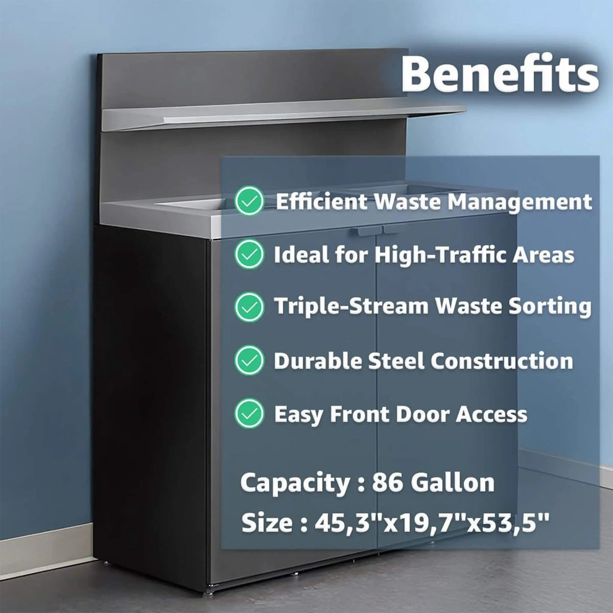 86-Gallon Heavy-Duty Commercial Steel Three-Stream Trash Can Cabinet With Tray Holder | Steel | Home Use | Home