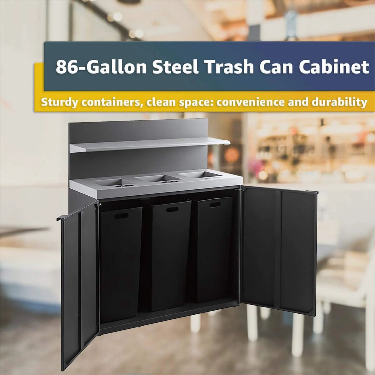 86-Gallon Heavy-Duty Commercial Steel Three-Stream Trash Can Cabinet With Tray Holder | Steel | Home Use | Home