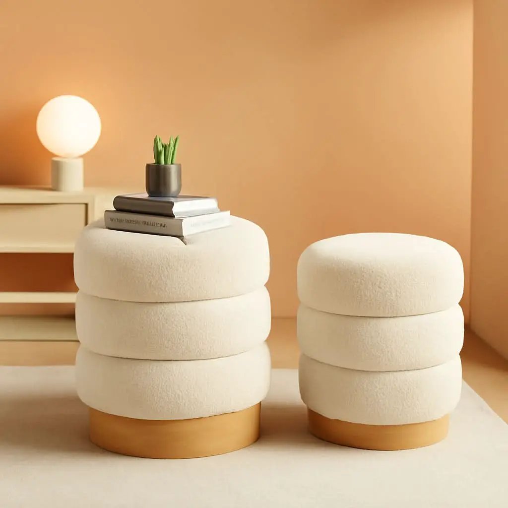 Cream Tufted Sherpa Ottoman Footstool Round Cushion from PriceLows™