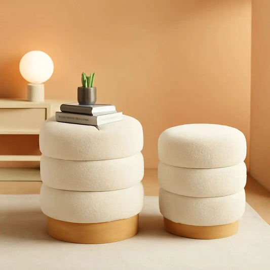 Cream Tufted Sherpa Ottoman Footstool Round Cushion from PriceLows™