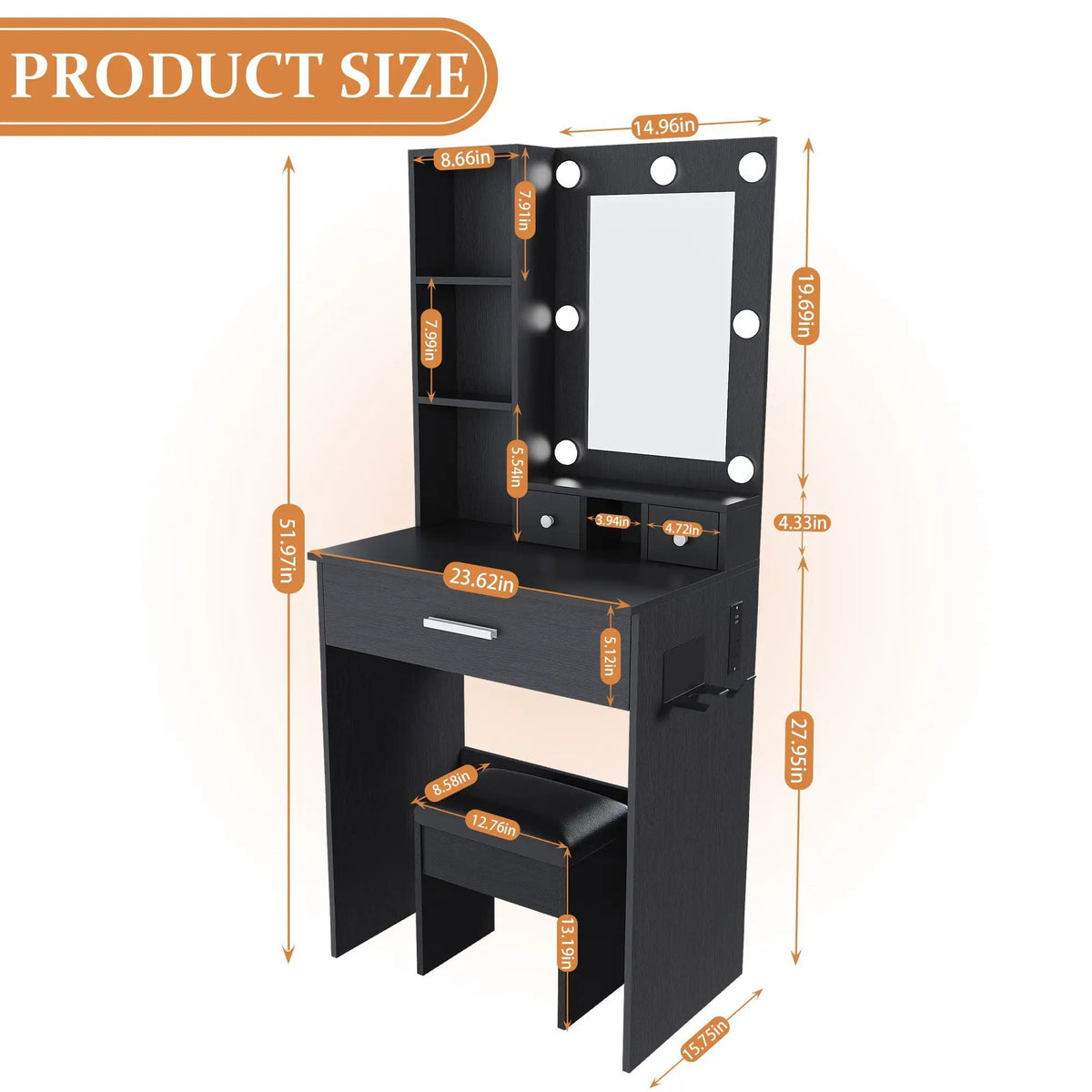 Vanity Table | LED Mirror | Power Outlet | Includes Stool