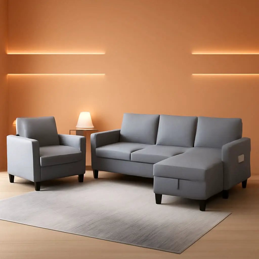 Light Grey Convertible Sofa Set With Storage Ottoman from PriceLows™