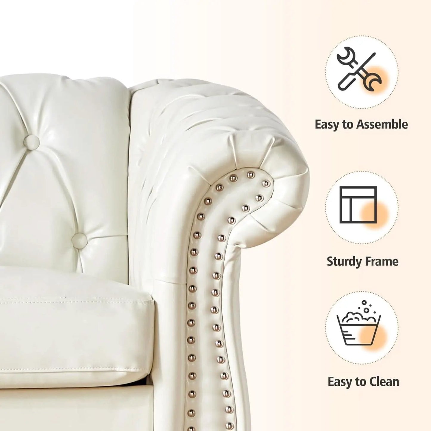3 Piece Living Room Set Chesterfield Faux Leather Sofa Loveseat Chair White With Scroll Arms And Nailhead from PriceLows™